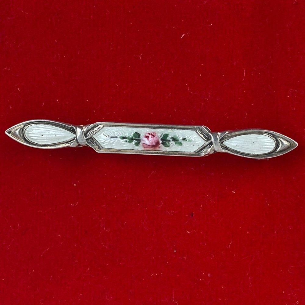Pink Flowers Guilloche Enameled Sterling Bar Pin